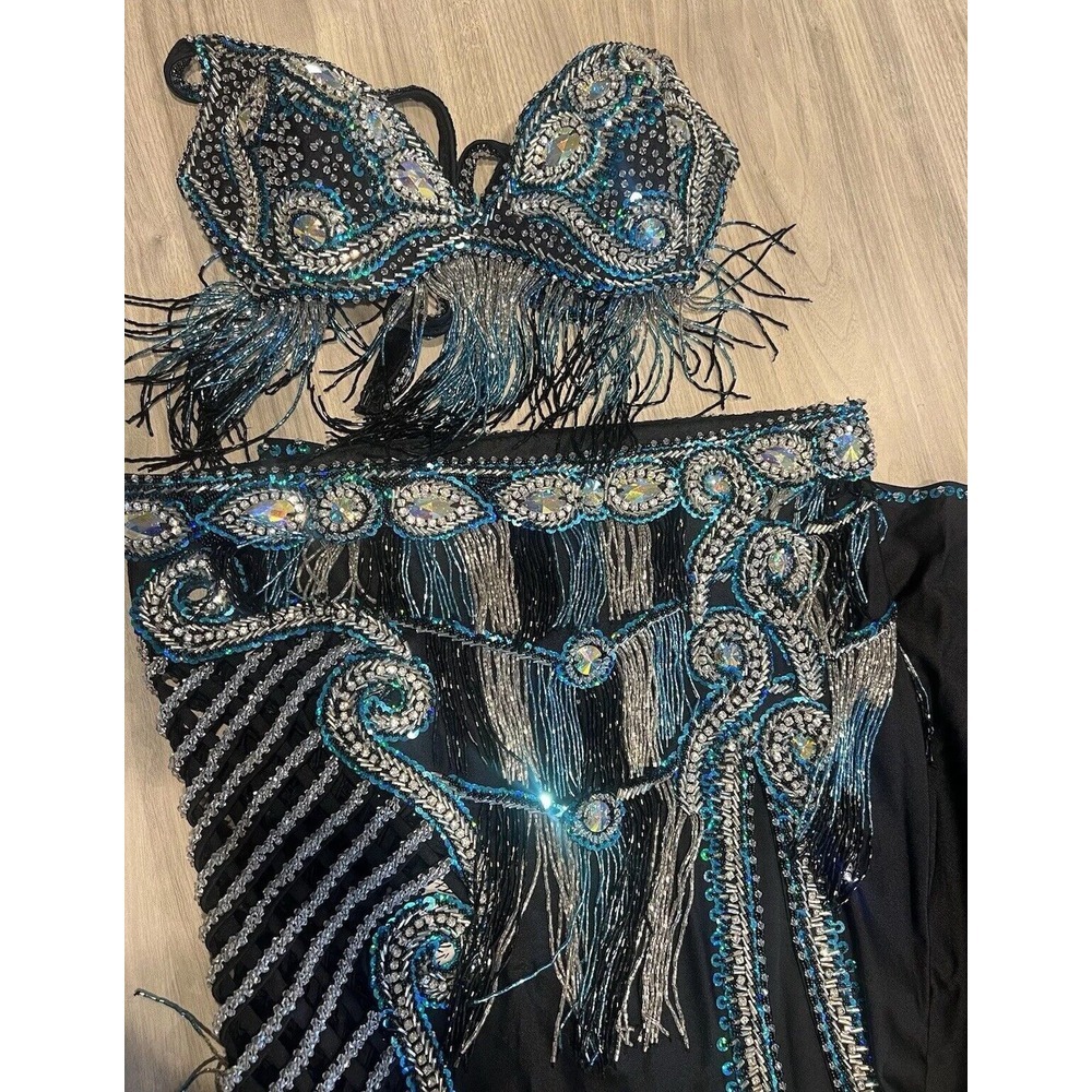 Professional Belly Dance‎ Costume Black & Teal Covered In Crystals